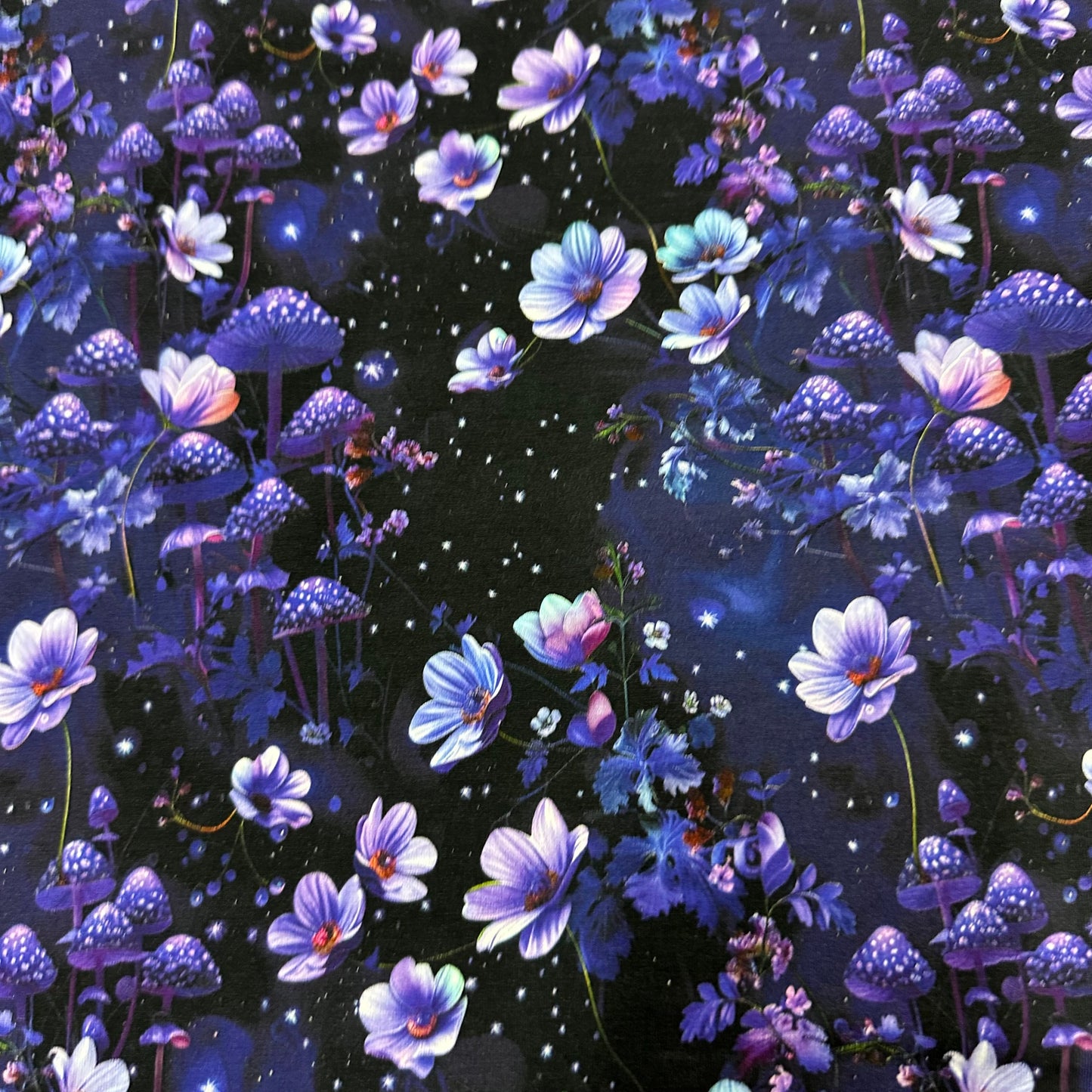 Purple Starry Mushroom Garden on Bamboo/Spandex Jersey Fabric