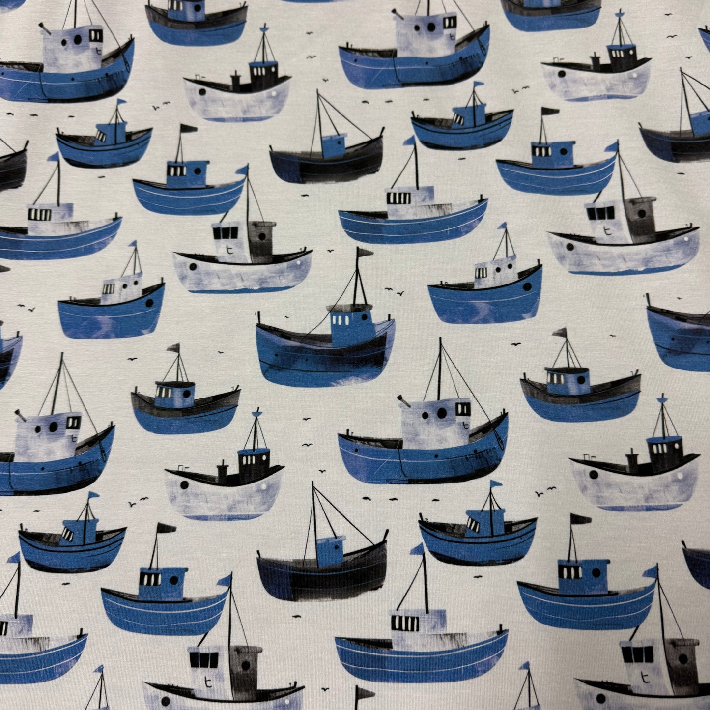 Blue Boats on Bamboo/Spandex Jersey Fabric