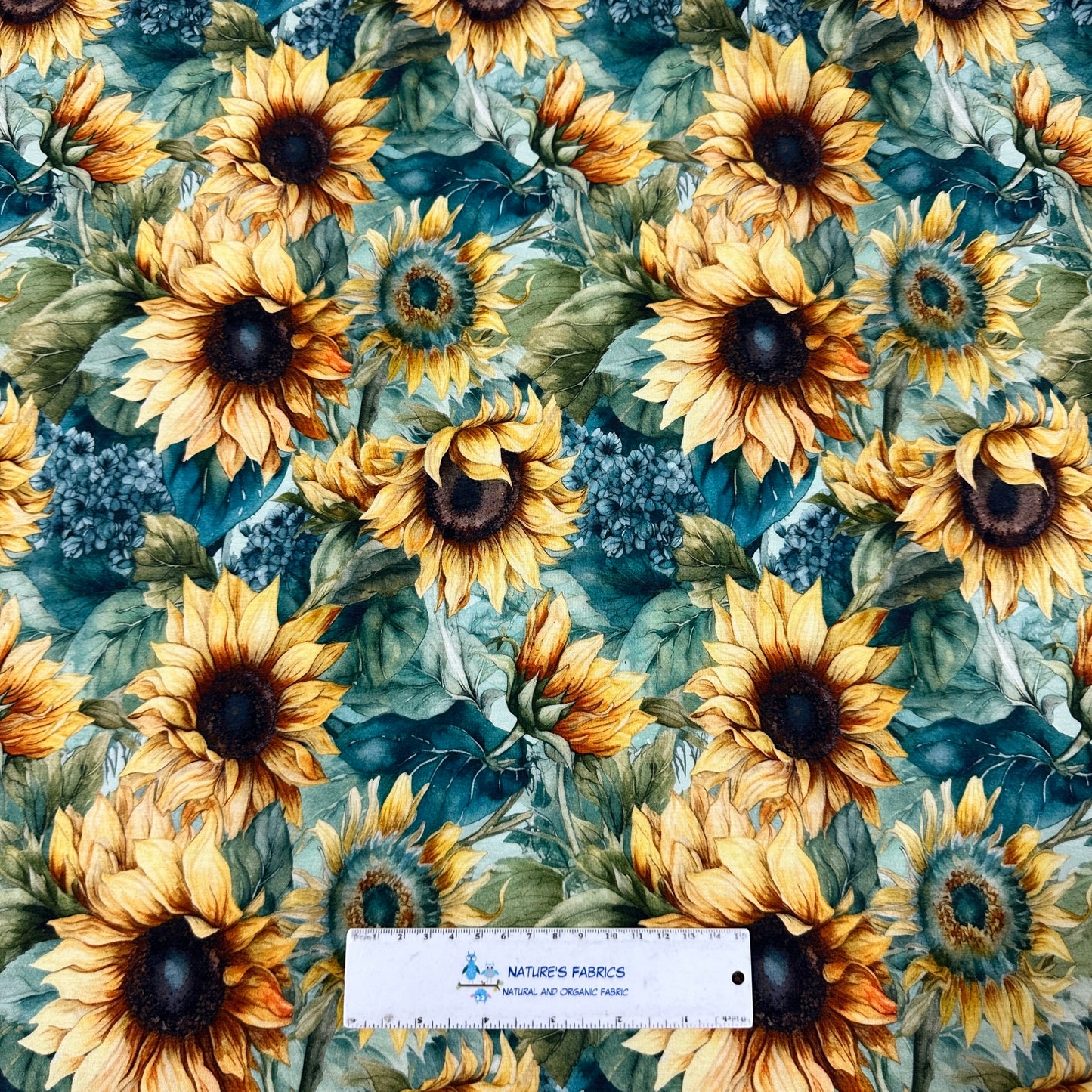 Sunflowers on Teal Bamboo/Spandex Jersey Fabric