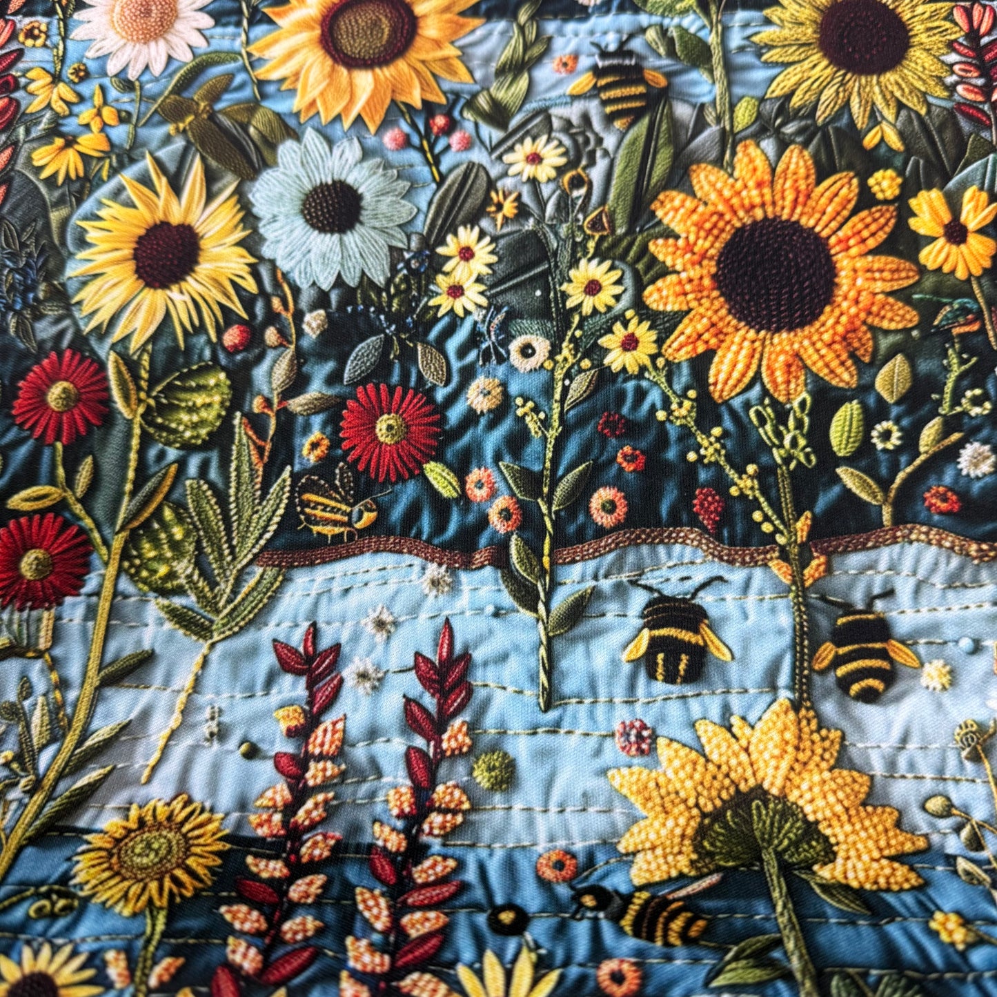 Embroidered Sunflowers and Bees 1 mil PUL Fabric - Made in the USA