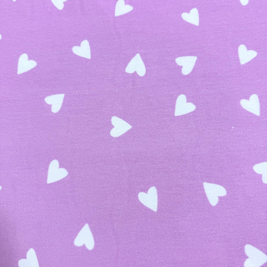 Off White Hearts on Lilac Bamboo/Spandex Jersey Fabric - Printed in the USA