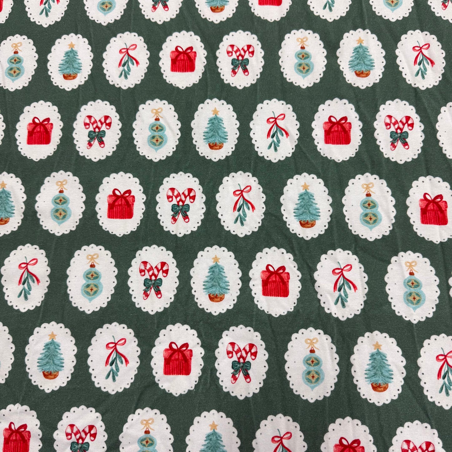 Christmas Tags on Green Bamboo/Spandex Jersey Fabric - 200 GSM