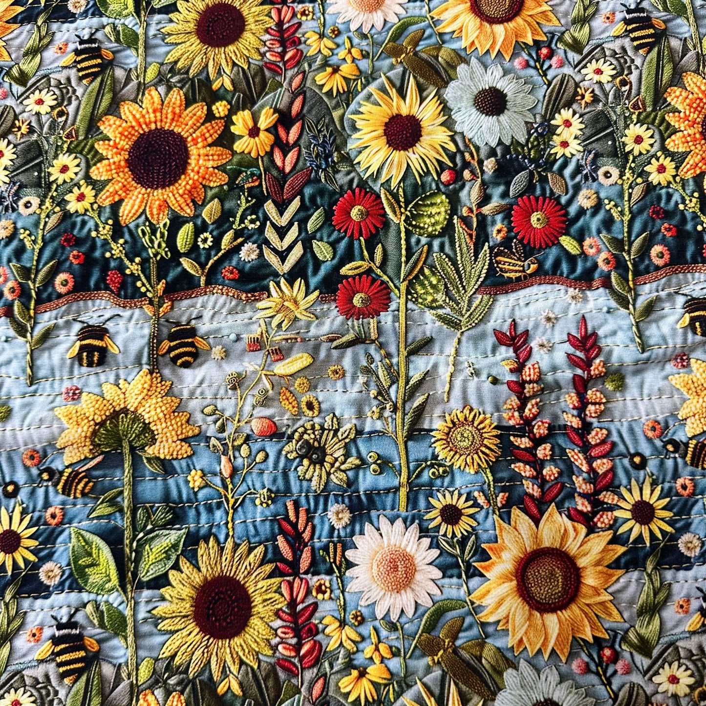 Embroidered Bees and Sunflowers on Bamboo/Spandex Jersey Fabric