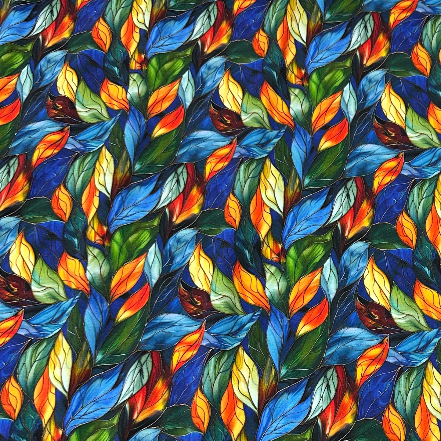 Stained Glass Blue Leaves on Bamboo/Spandex Jersey Fabric