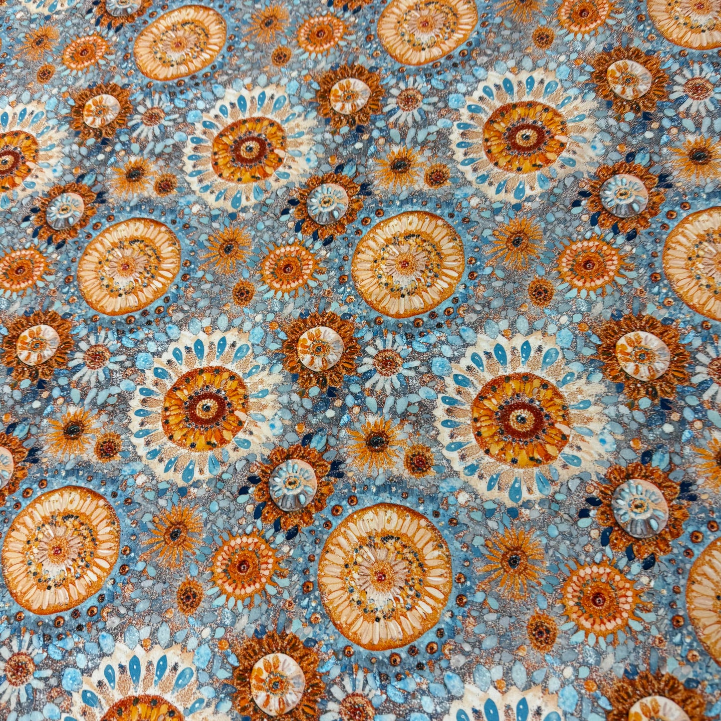 Orange Mandalas on Blue Bamboo/Spandex Jersey Fabric