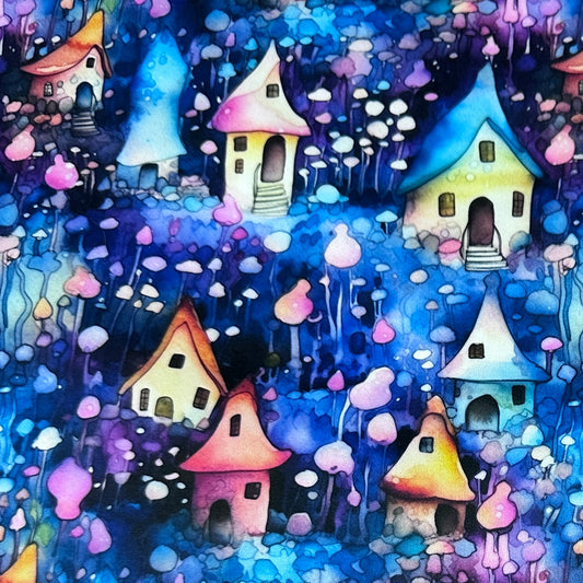 Watercolor Fairy Houses 1 mil PUL Fabric - Made in the USA