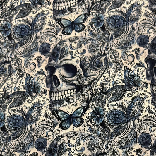 Blue Floral Skulls on Organic Cotton/Spandex Jersey Fabric