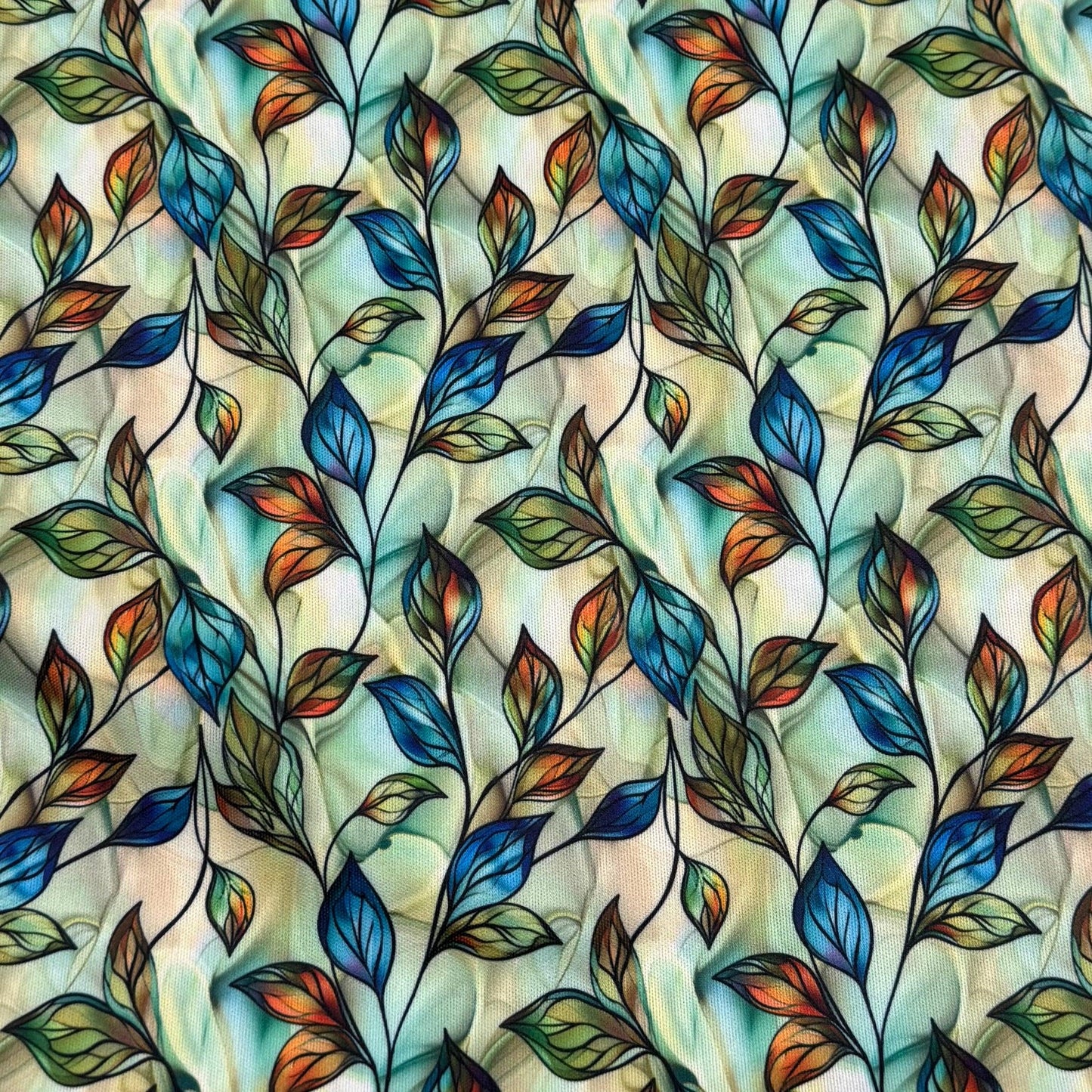 Copper, Blue and Green Leaves Alcohol Ink 1 mil PUL Fabric - Made in the USA