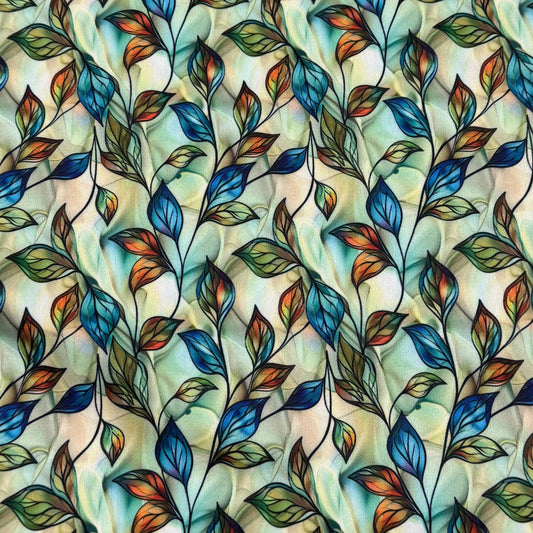 Copper, Blue and Green Leaves Alcohol Ink 1 mil PUL Fabric - Made in the USA