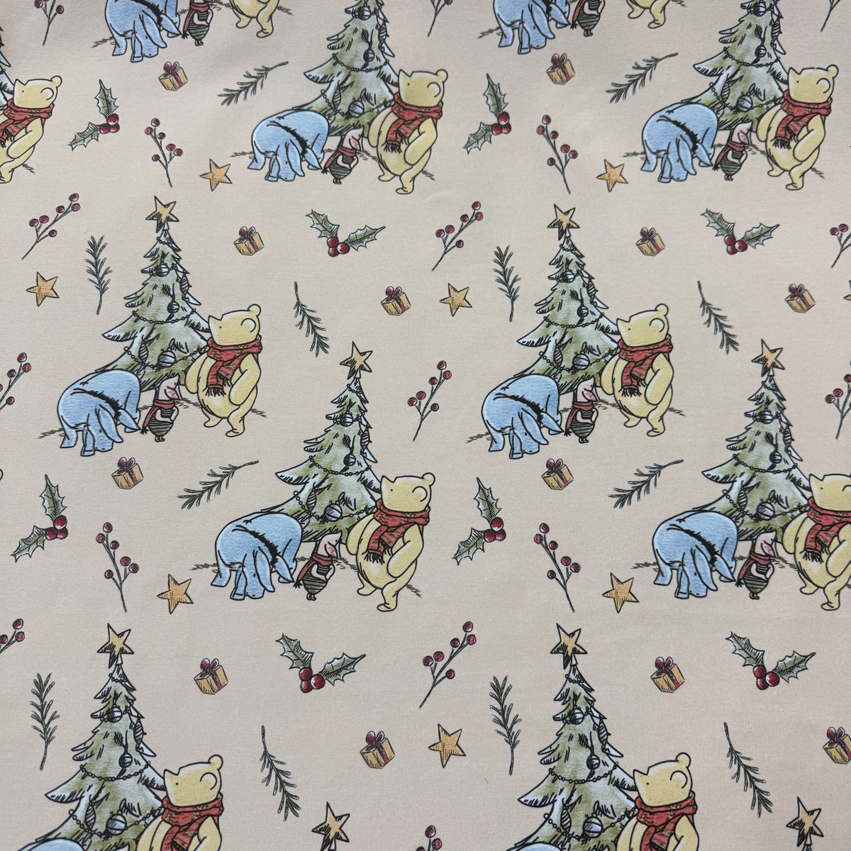 Winnie the Pooh Christmas on Tan Bamboo Stretch French Terry Fabric