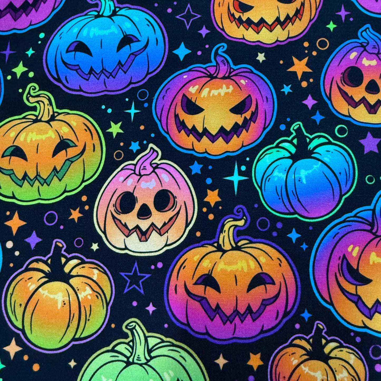Rainbow Pumpkins and Stars on Bamboo/Spandex Jersey Fabric