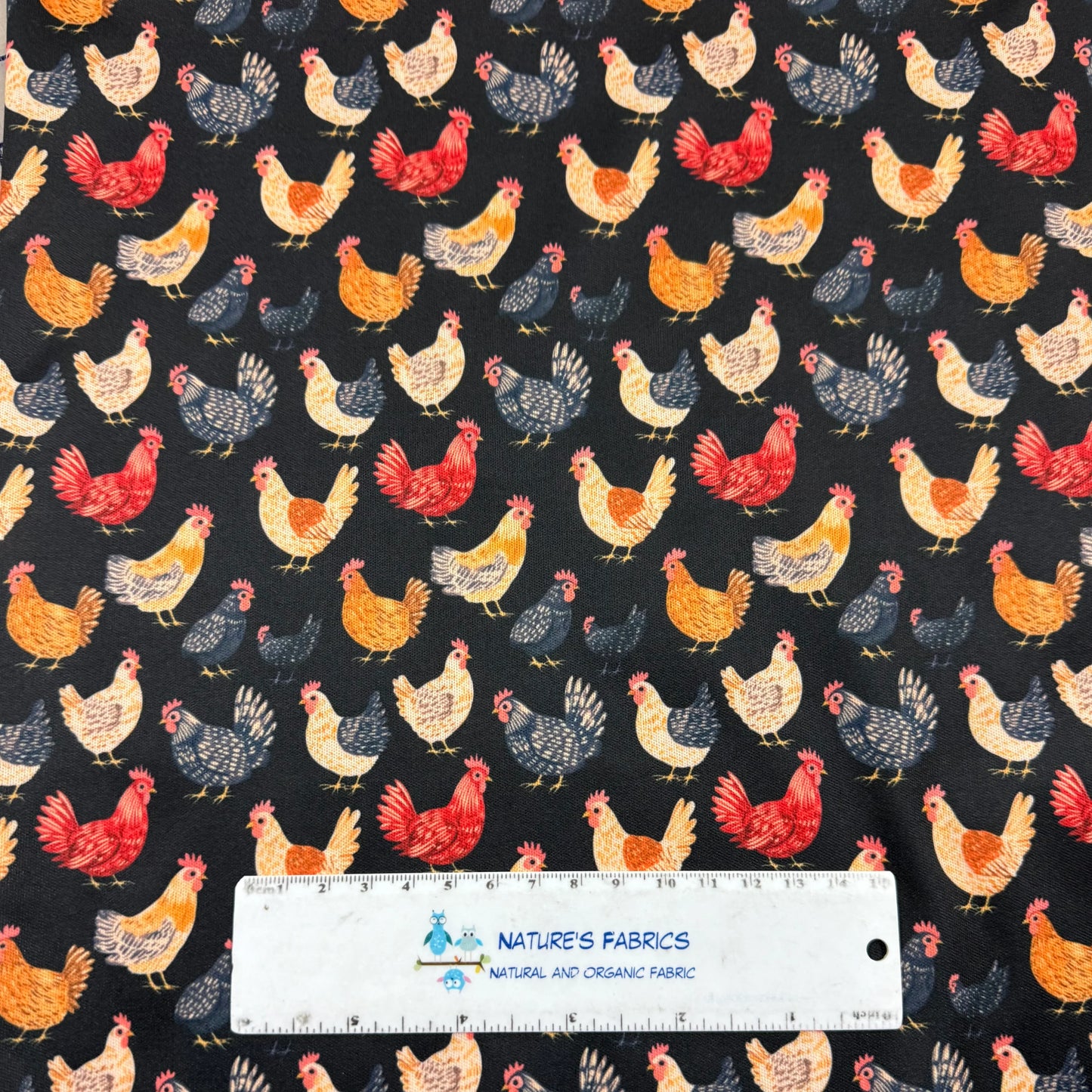 Chickens on Black 1 mil PUL Fabric - Made in the USA