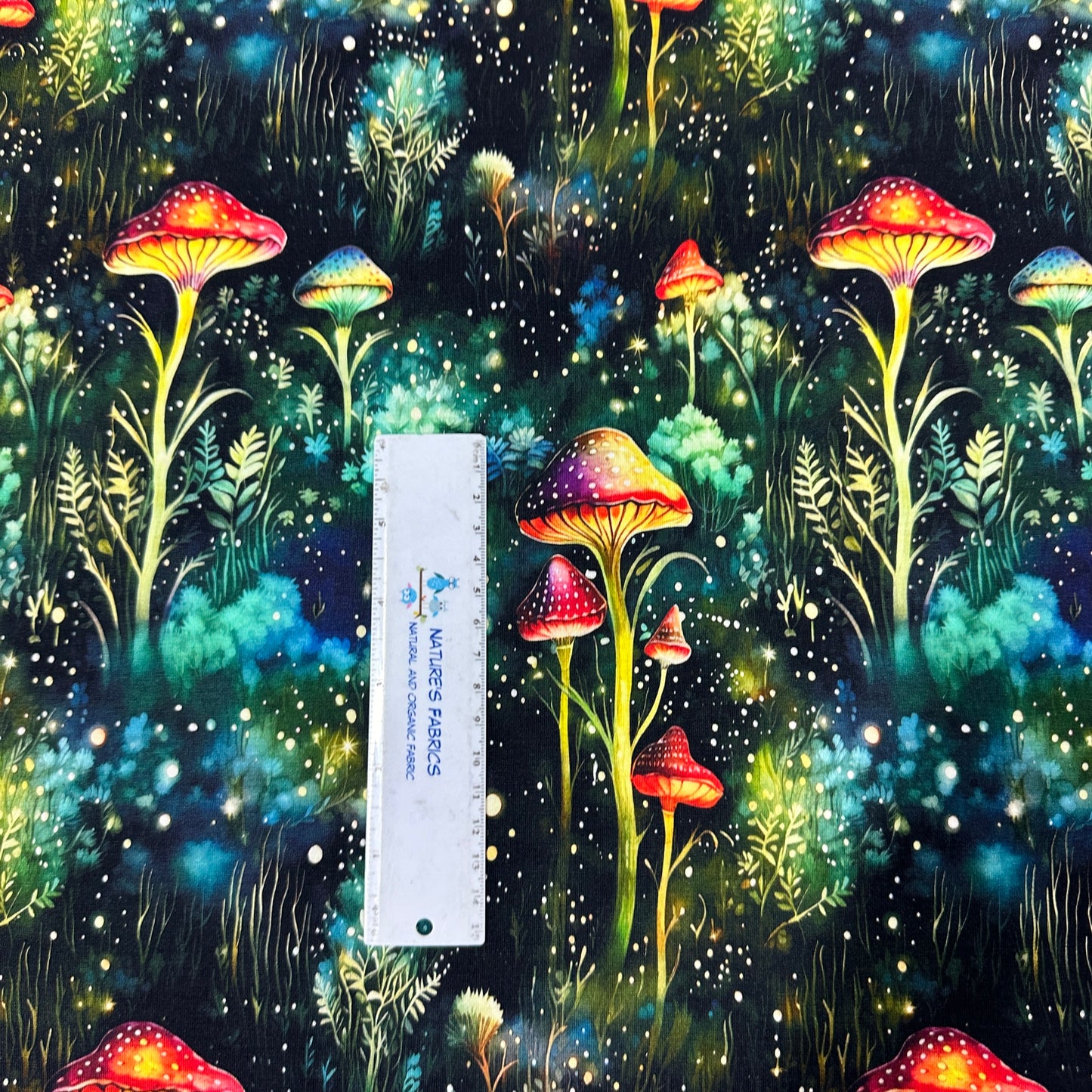 Mystical Mushrooms on Bamboo/Spandex Jersey Fabric