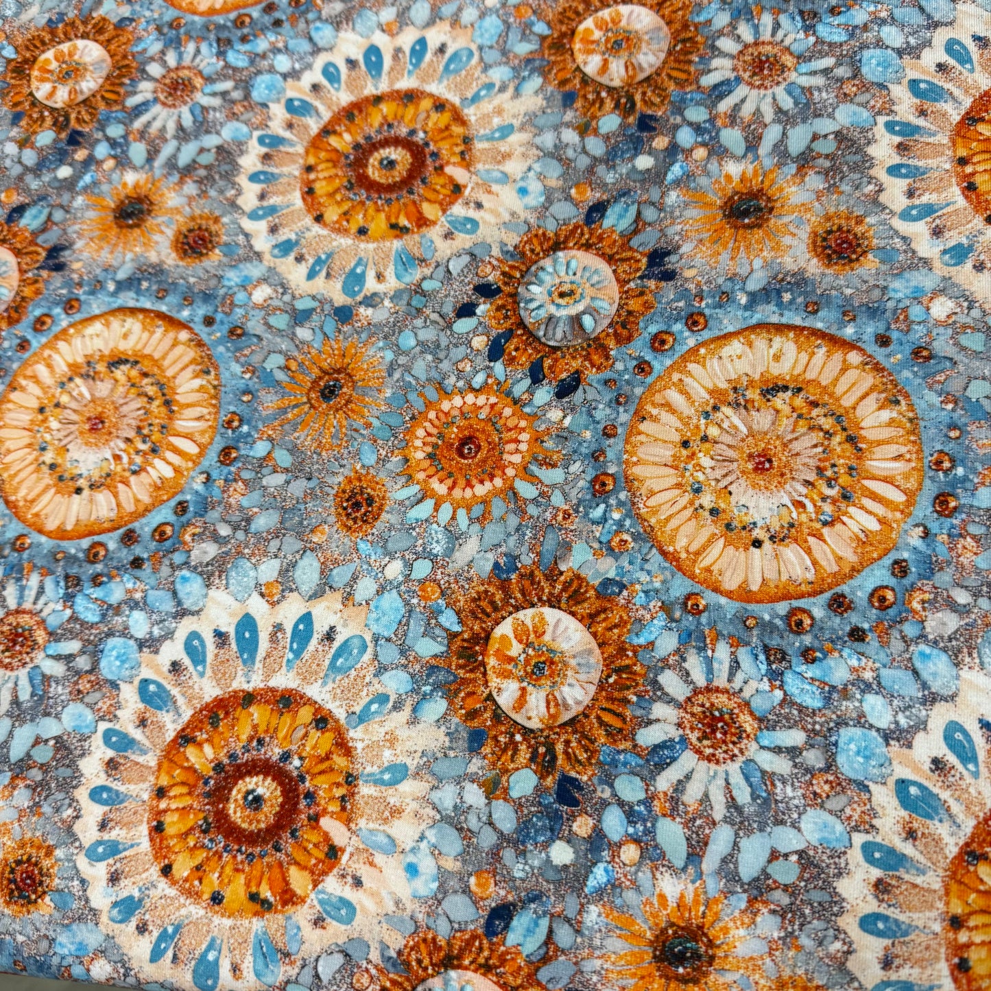 Orange Mandalas on Blue Bamboo/Spandex Jersey Fabric