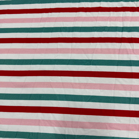 Pink, White, Red and Green 3/8" Stripes on Bamboo/Spandex Jersey Fabric - 200 GSM
