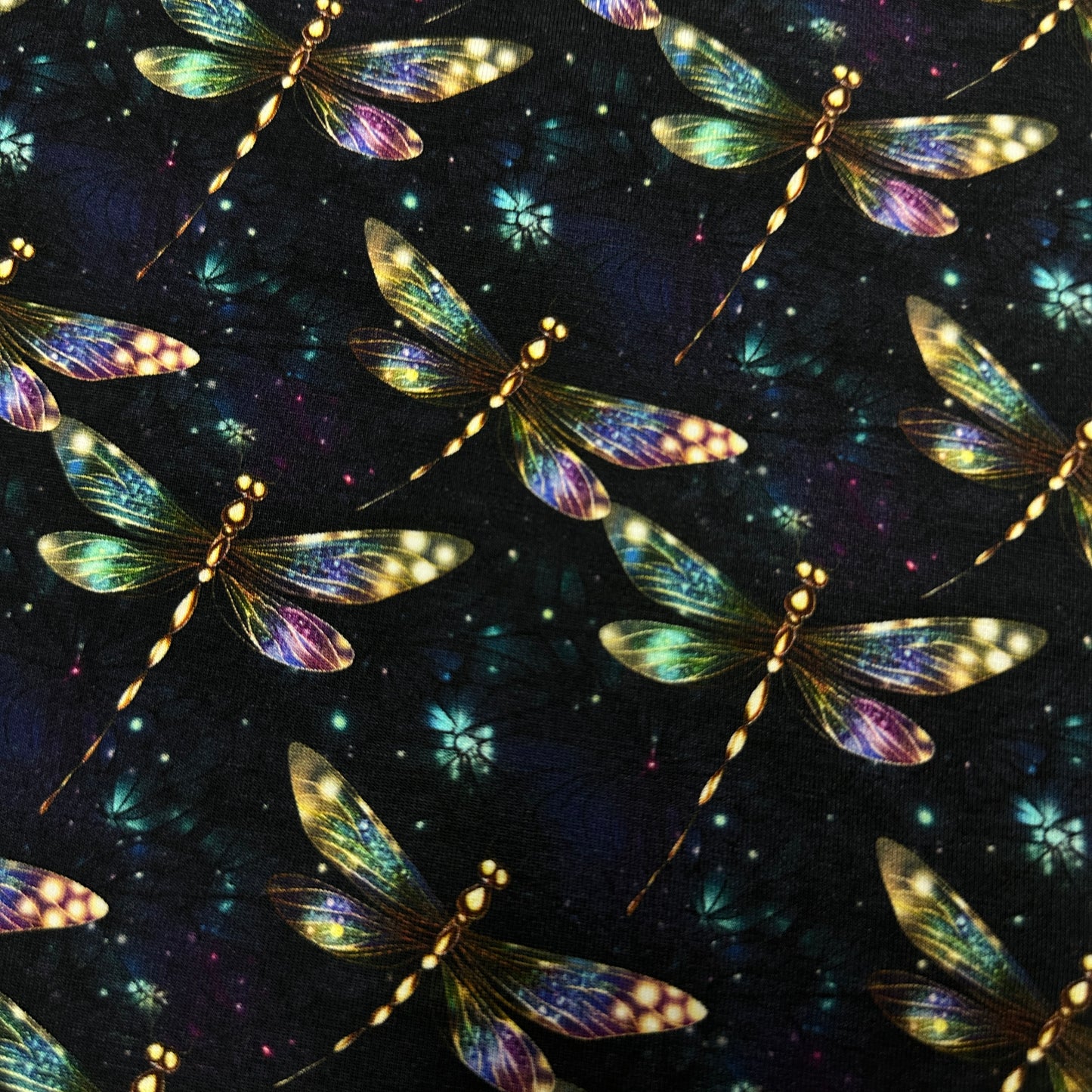 Shimmering Dragonflies on Bamboo/Spandex Jersey Fabric