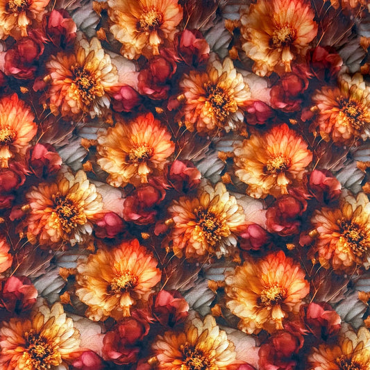 Nature's Fabrics premium fabric with a dense pattern of orange and red autumn flowers.