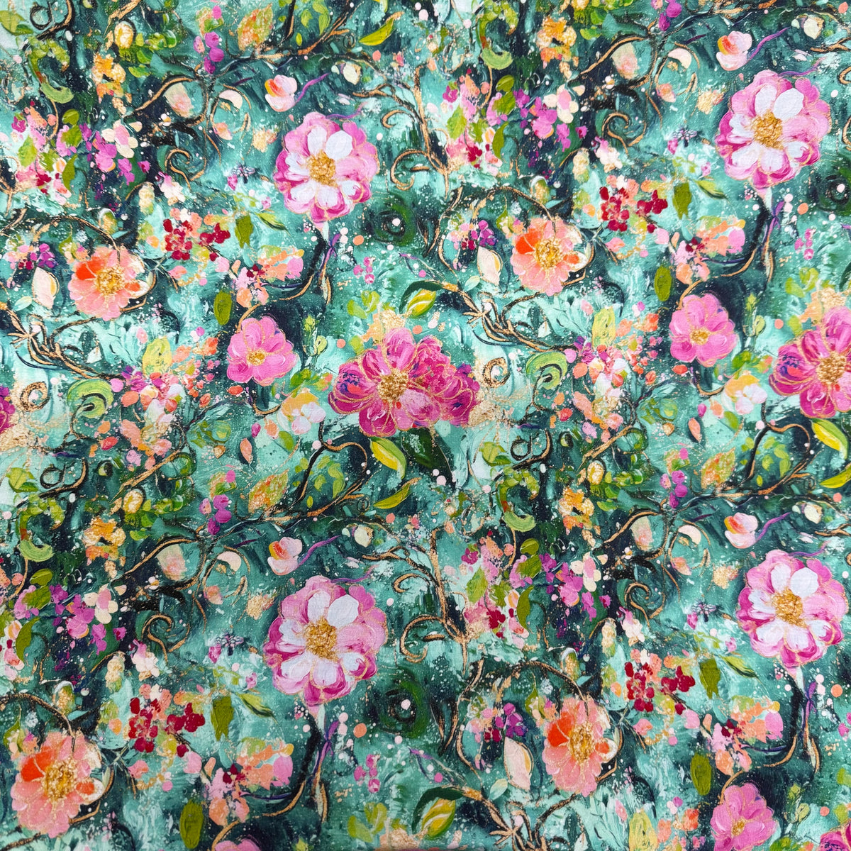 Pink Watercolor Roses on Green Bamboo/Spandex Jersey Fabrics