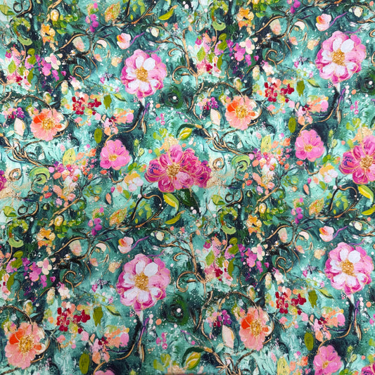 Pink Watercolor Roses on Green Bamboo/Spandex Jersey Fabrics