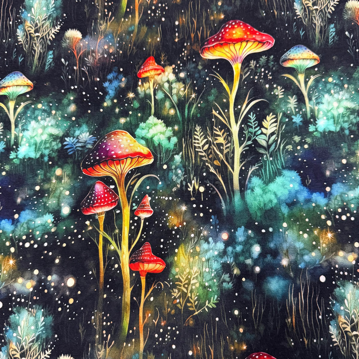 Nature's Fabrics colorful psychedelic mushroom print on dark fabric background