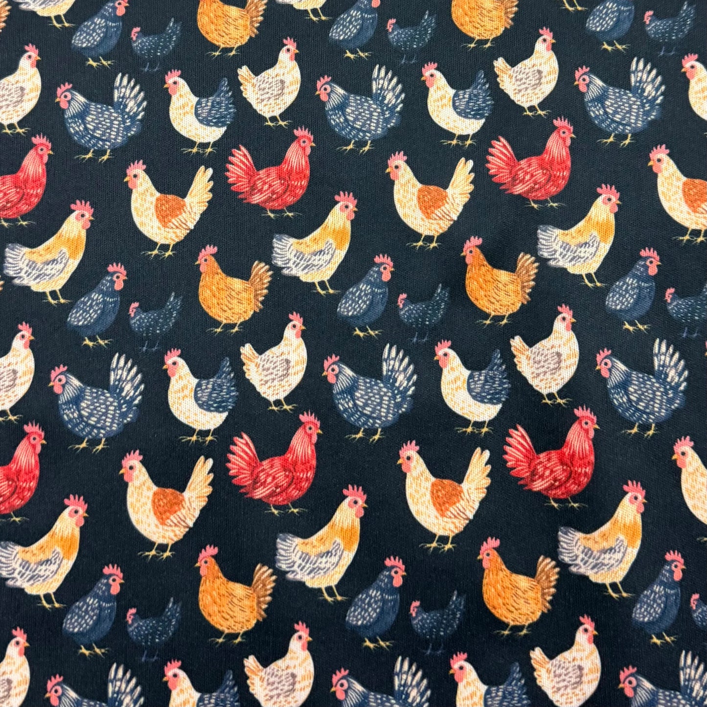 Chickens on Black 1 mil PUL Fabric - Made in the USA