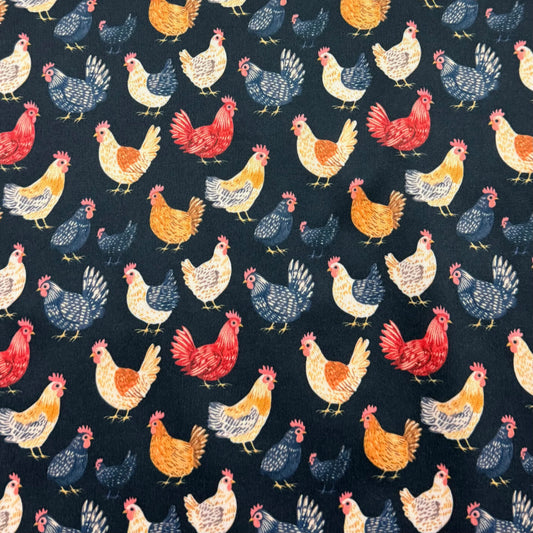 Chickens on Black 1 mil PUL Fabric - Made in the USA