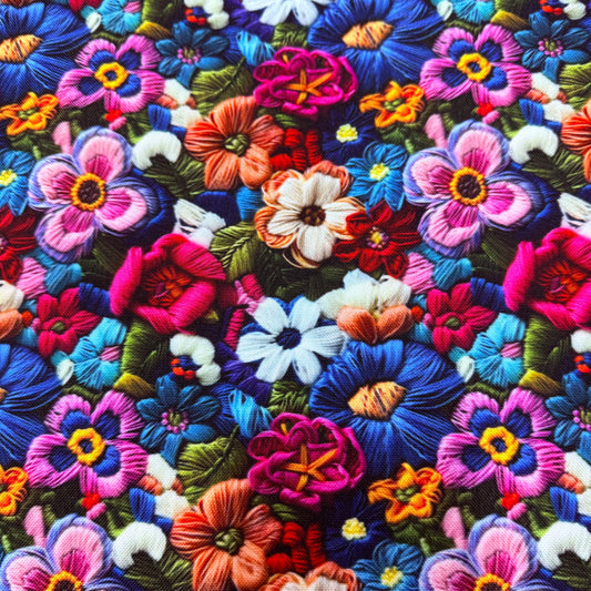 Embroidered Bright Flowers on Canvas Fabric - Waterproof