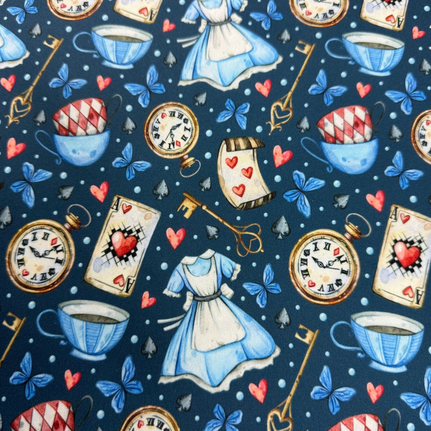 Alice in Wonderland on Blue 1 mil PUL Fabric - Made in the USA