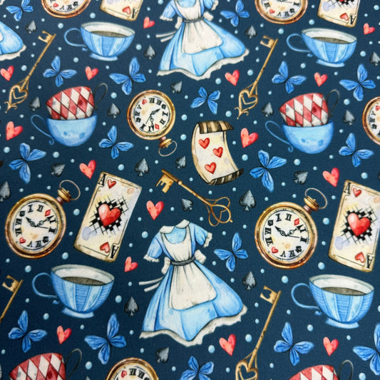 Alice in Wonderland on Blue 1 mil PUL Fabric - Made in the USA