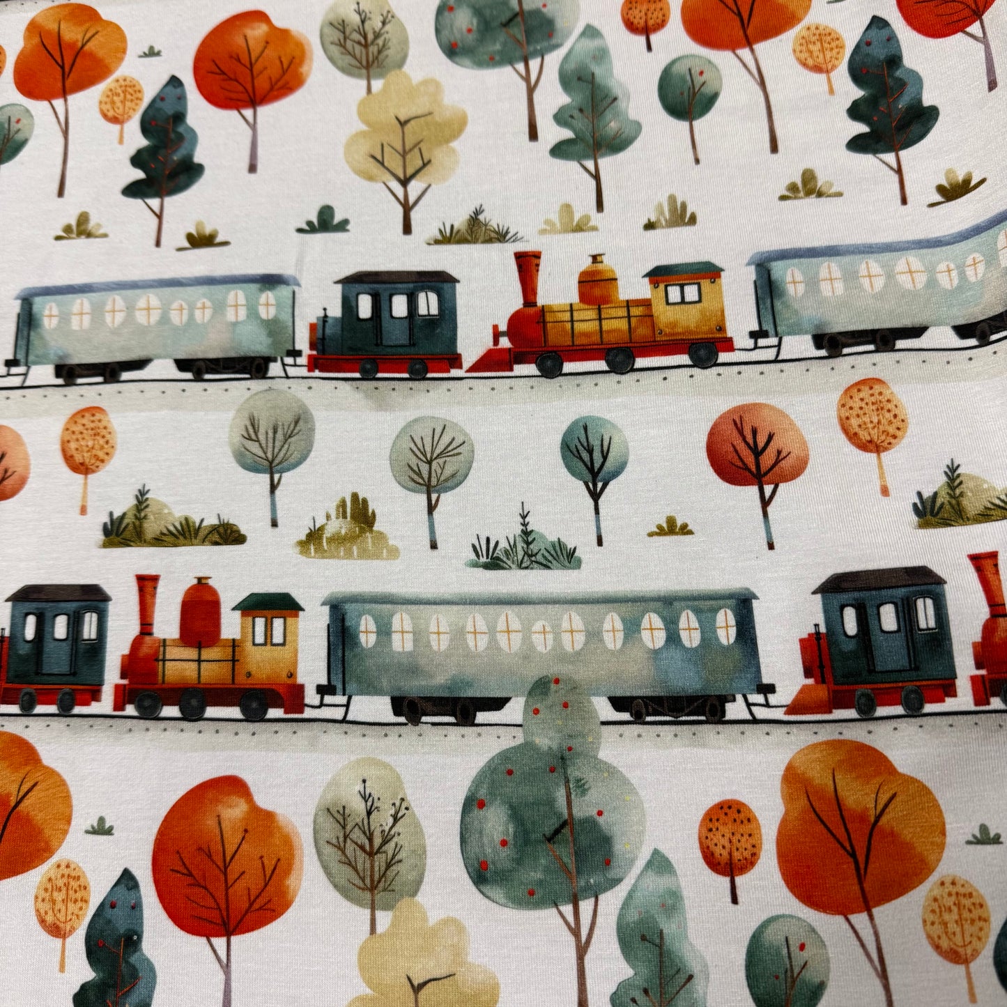 Fall Foliage Train Excursion on Bamboo/Spandex Jersey Fabric