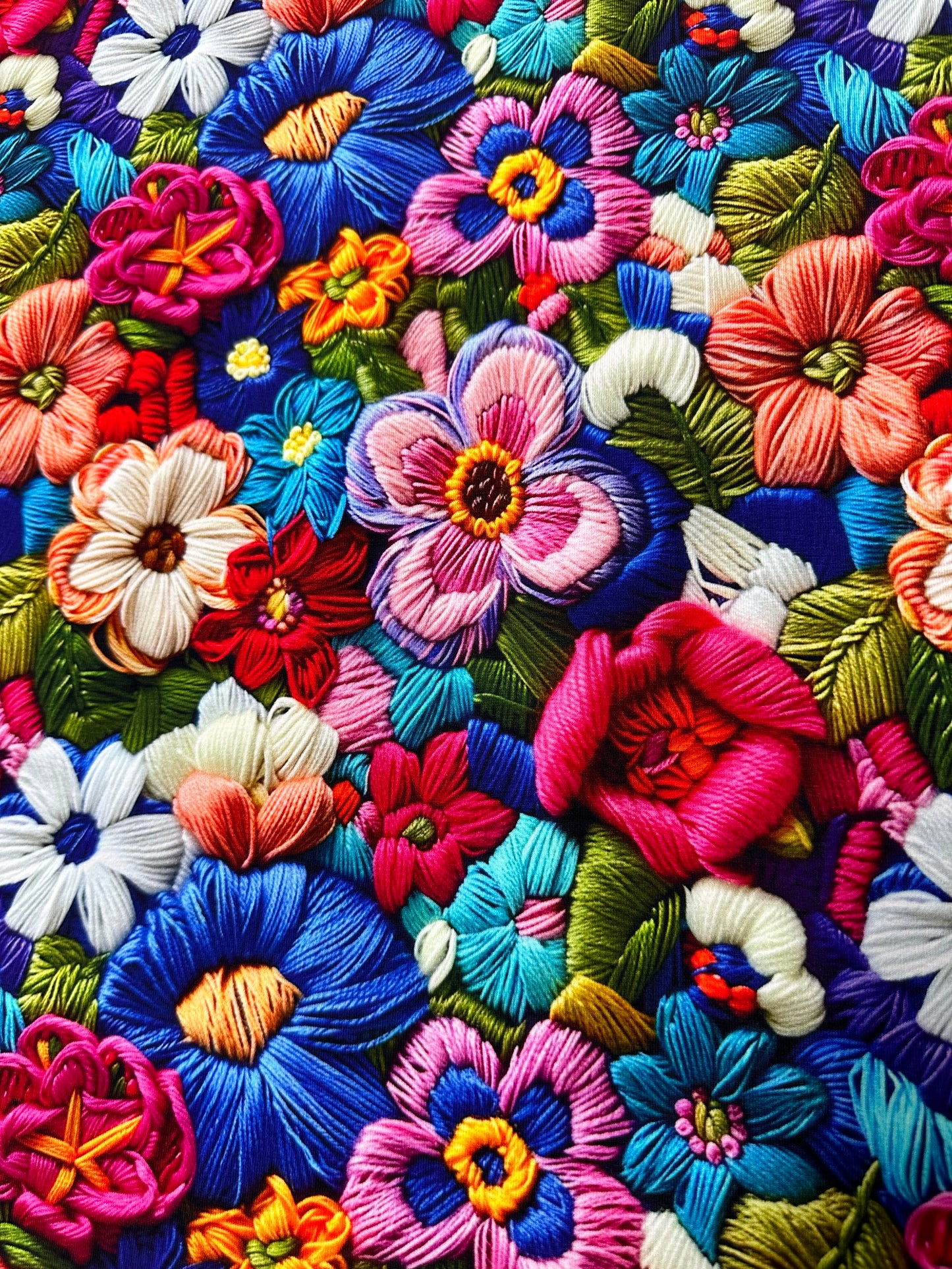 Embroidered Bright Flowers on Bamboo/Spandex Jersey Fabric