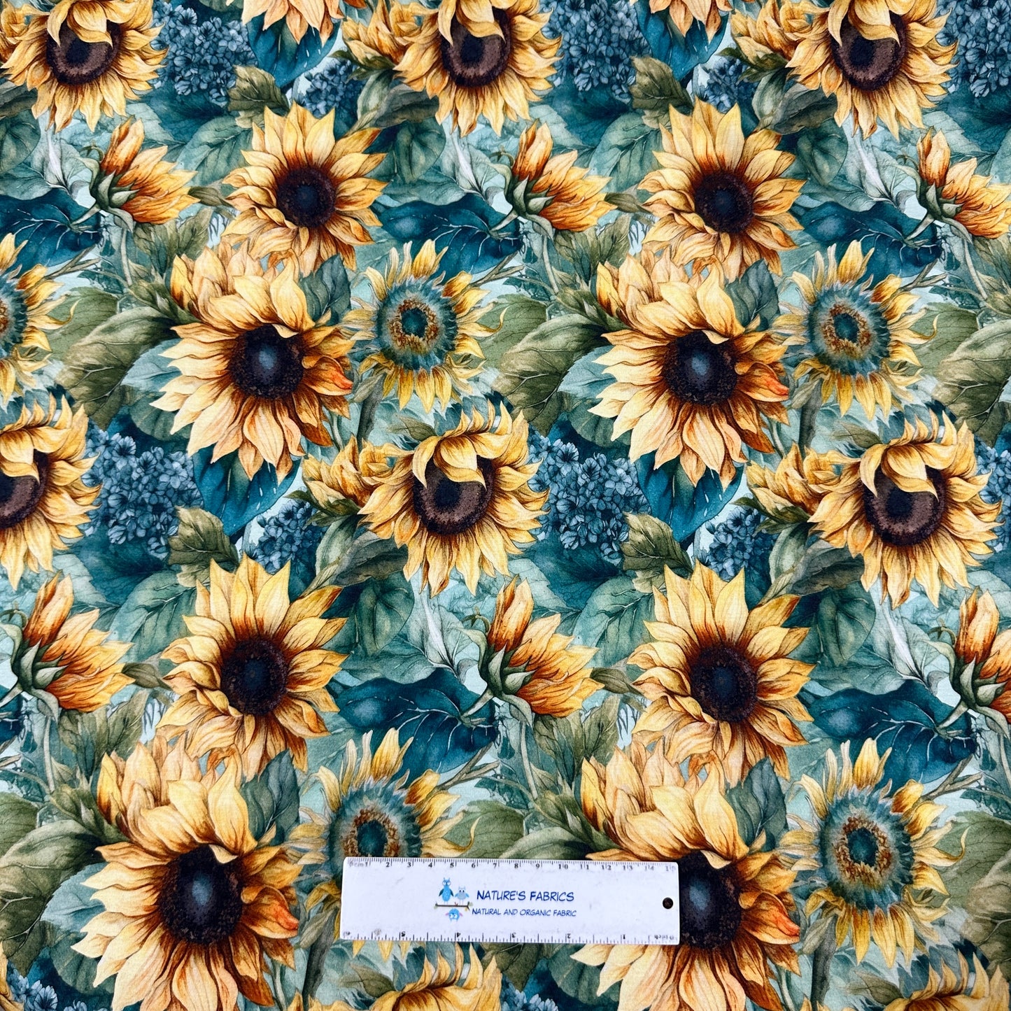 Sunflowers on Teal Bamboo/Spandex Jersey Fabric