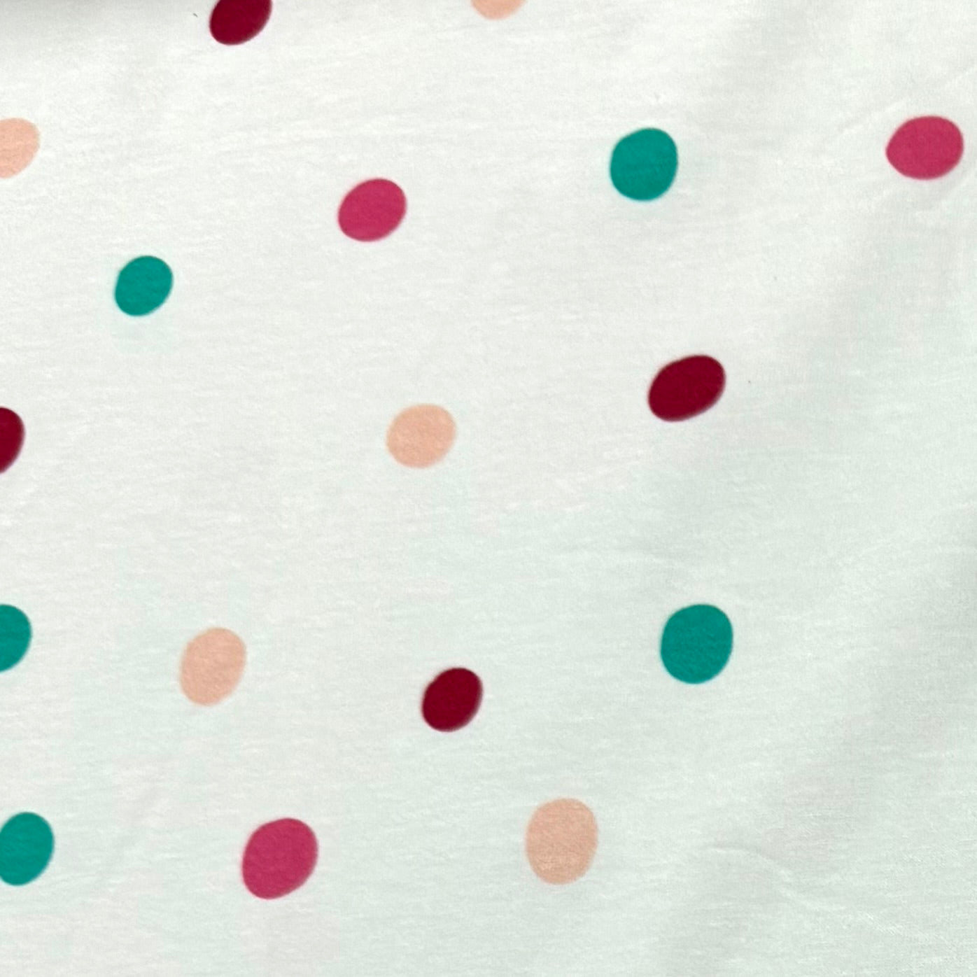 Pink, Rose and Teal Dots on Off White Bamboo/Spandex Jersey Fabric - Printed in the USA