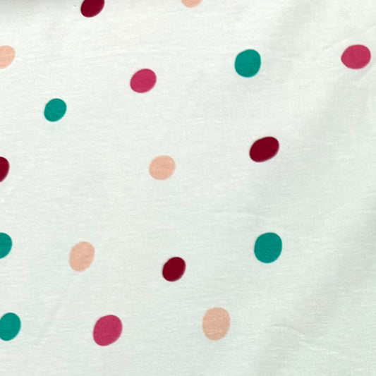 Pink, Rose and Teal Dots on Off White Bamboo/Spandex Jersey Fabric - Printed in the USA