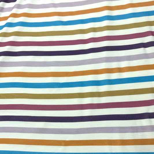 Teal, Tan and Rose Stripes on Bamboo/Spandex Jersey Fabric - 200GSM