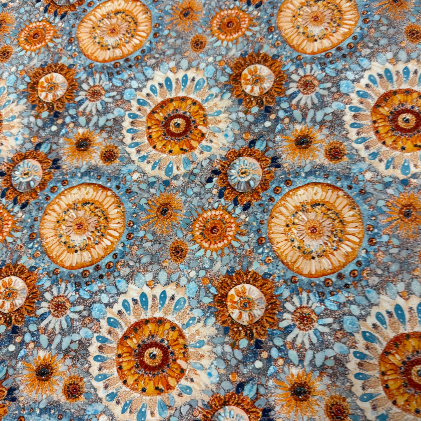 Orange Mandalas on Blue Bamboo/Spandex Jersey Fabric
