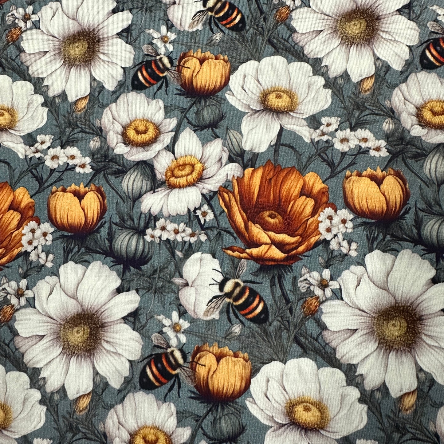Bees and Blossoms on Bamboo/Spandex Jersey Fabric
