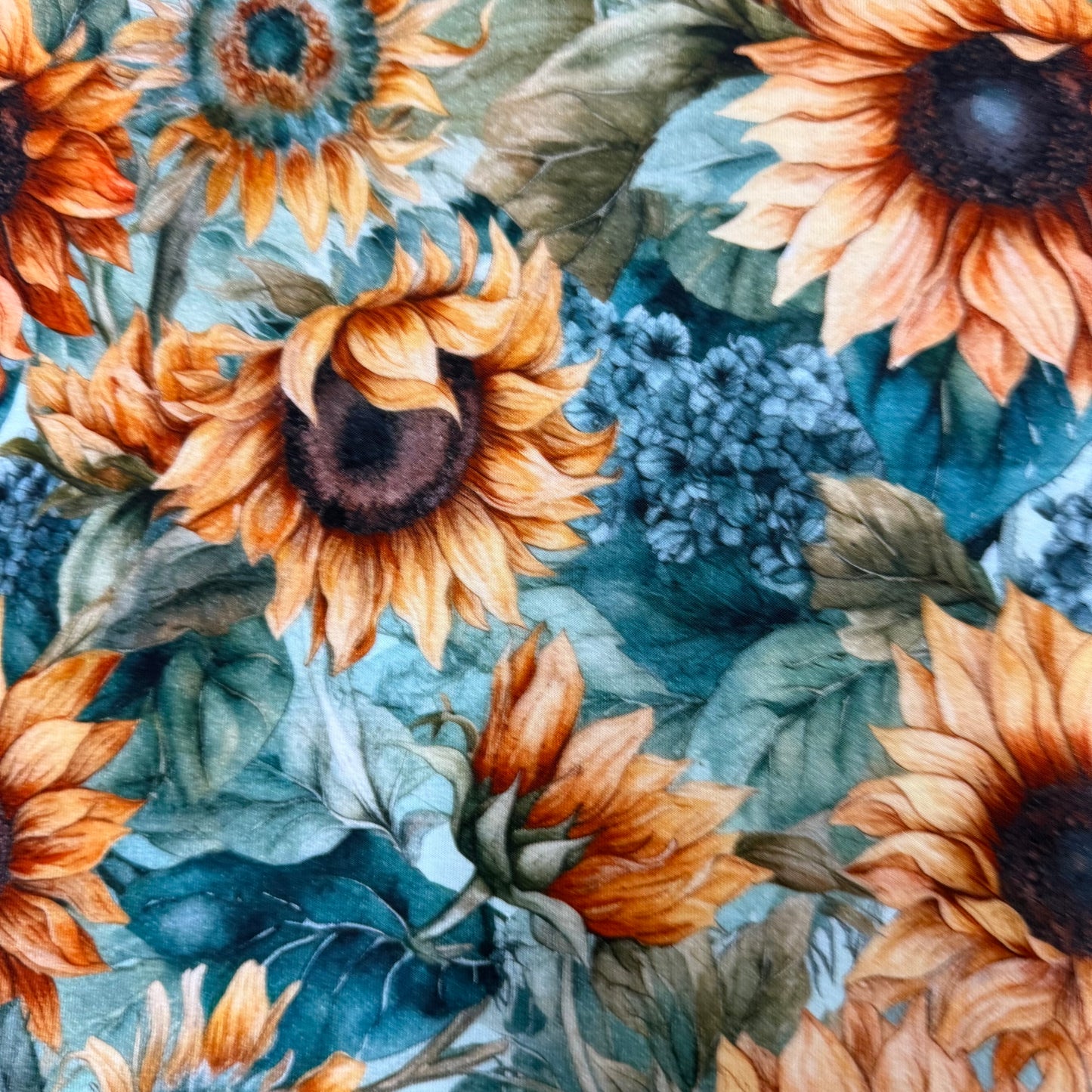 Sunflowers on Teal Bamboo/Spandex Jersey Fabric