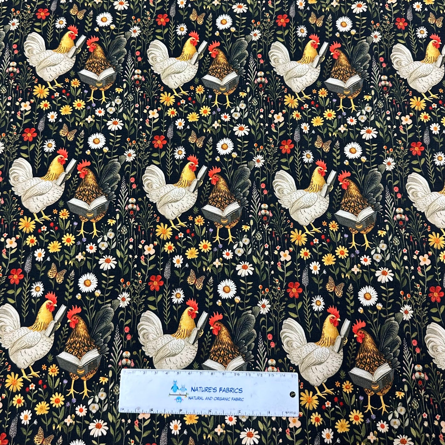 Reading Chickens on Black Floral Bamboo/Spandex Jersey Fabric