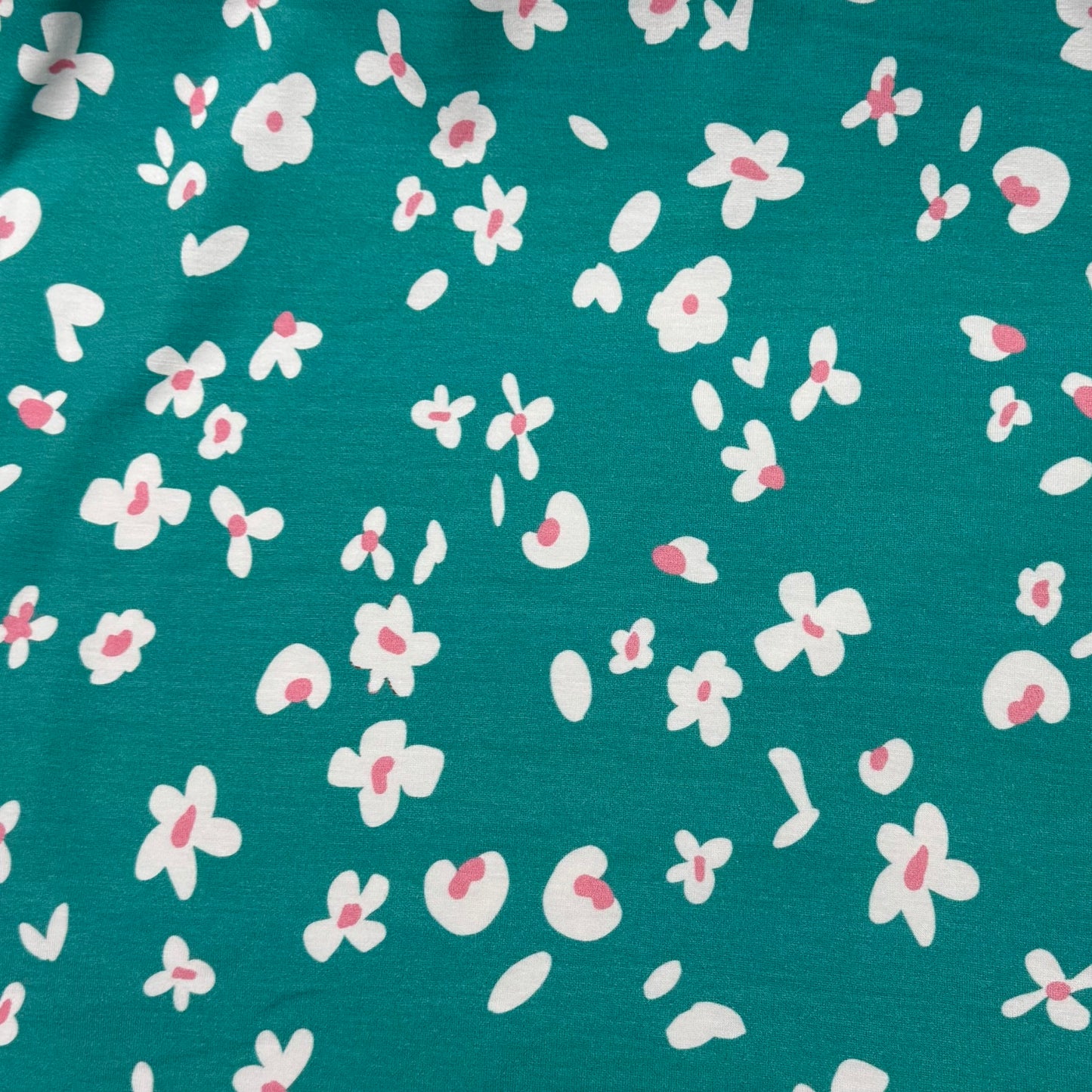 White Daisies on Teal Bamboo/Spandex Jersey Fabric - Printed in the USA