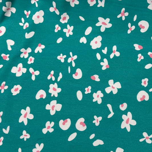 White Daisies on Teal Bamboo/Spandex Jersey Fabric - Printed in the USA