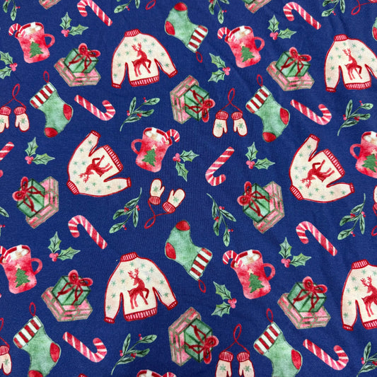 Holiday Toss on Blue Bamboo/Spandex Jersey Fabric - 200 GSM