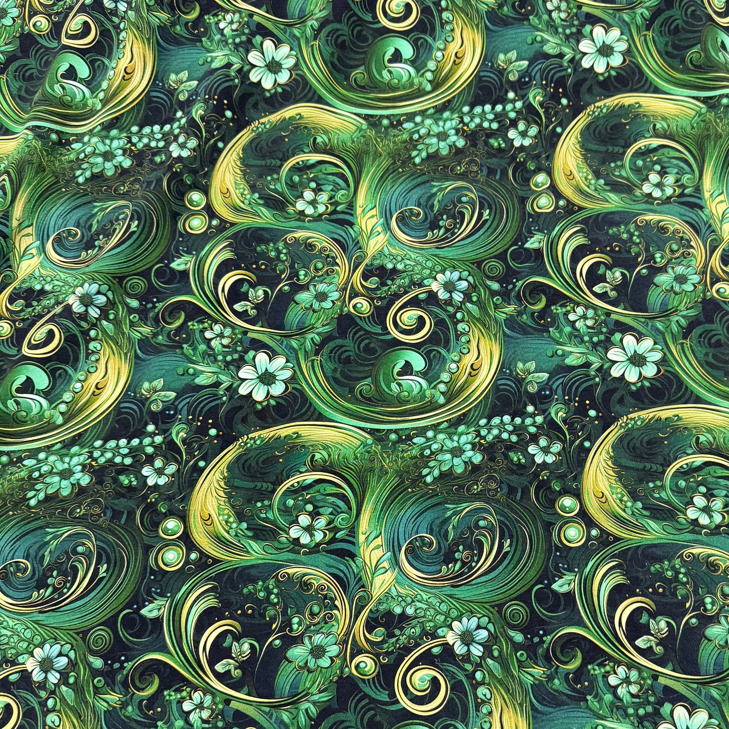 Green Floral Swirl on Bamboo/Spandex Jersey Fabric