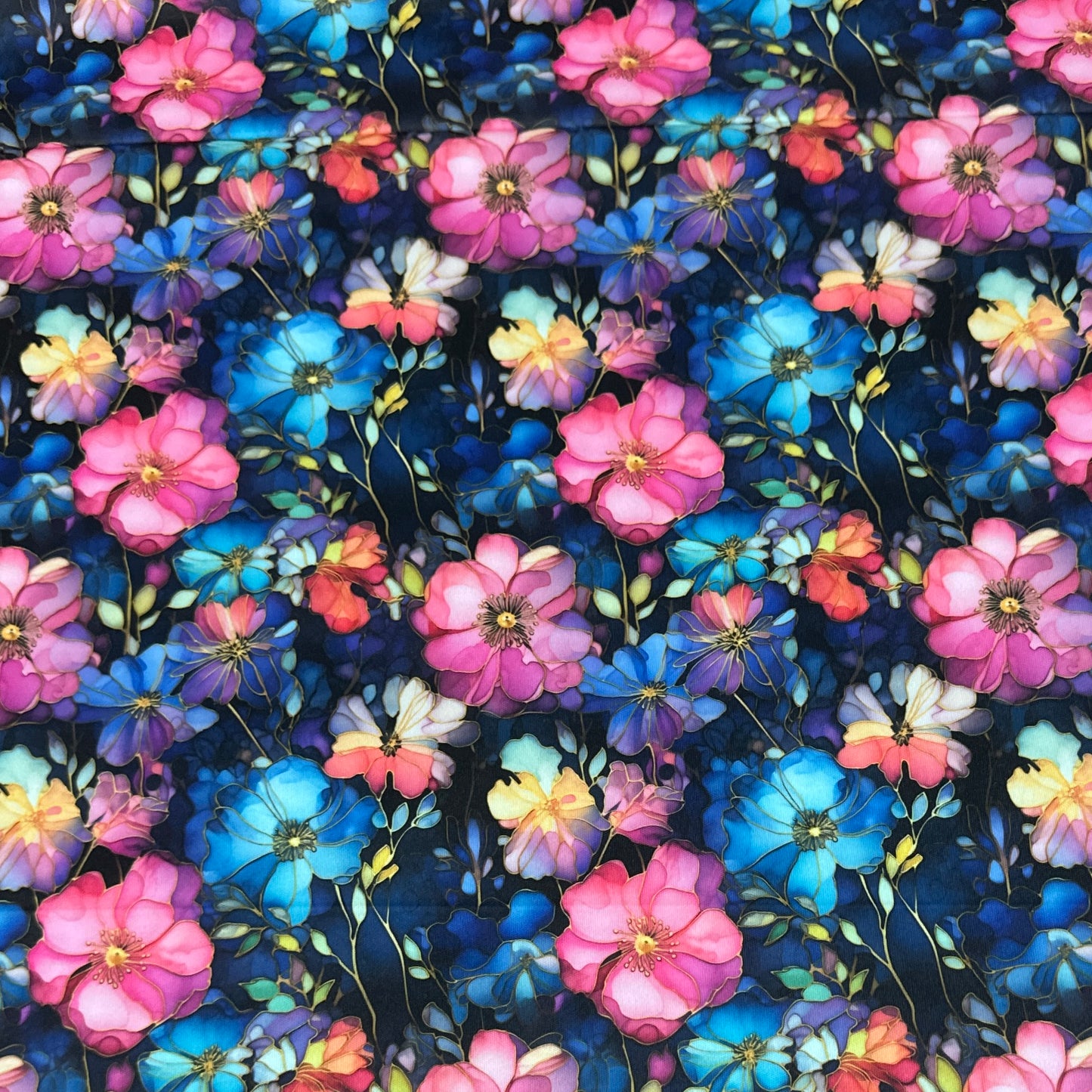 Pink and Blue Wild Roses 1 mil PUL Fabric - Made in the USA