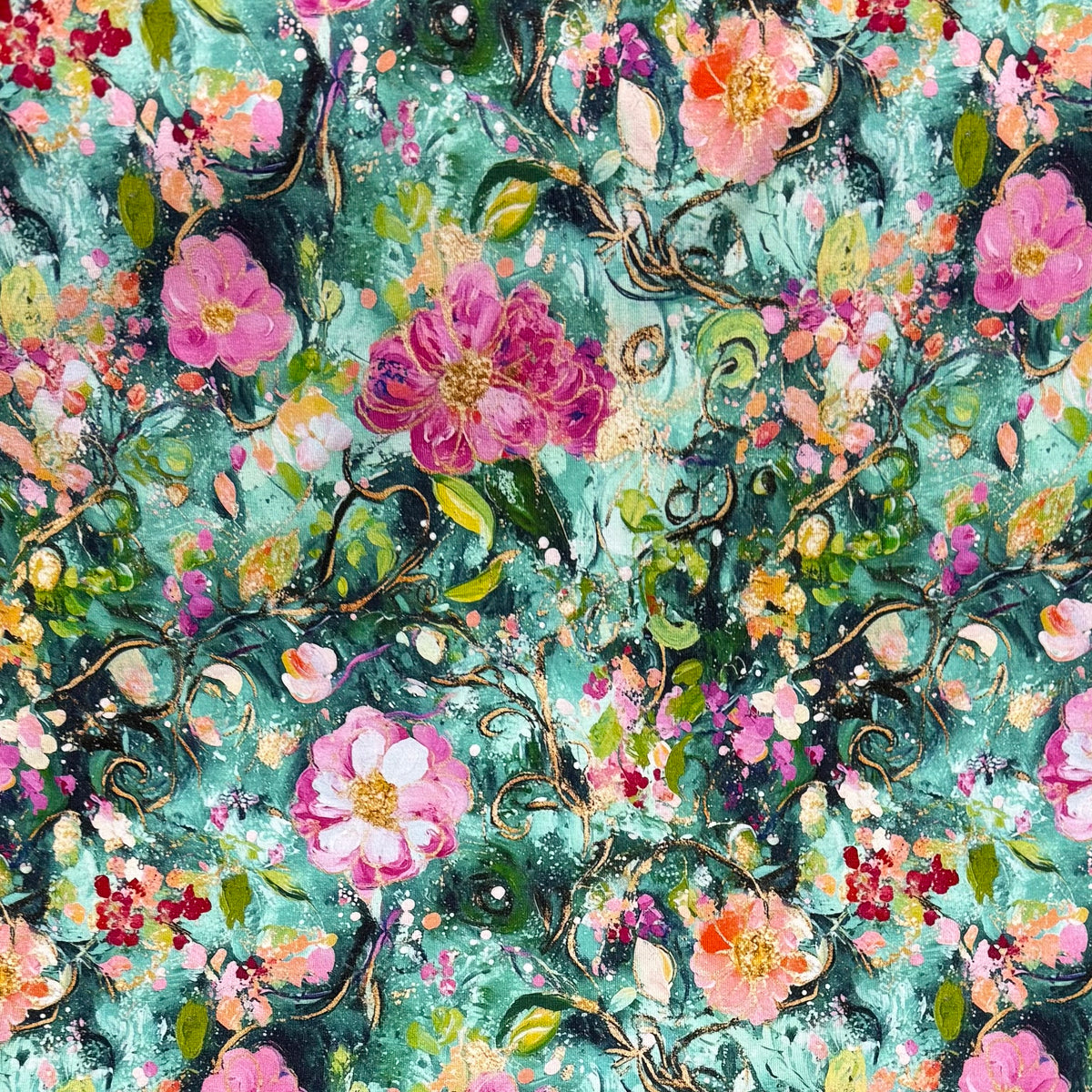 Pink Watercolor Roses on Green Bamboo/Spandex Jersey Fabrics