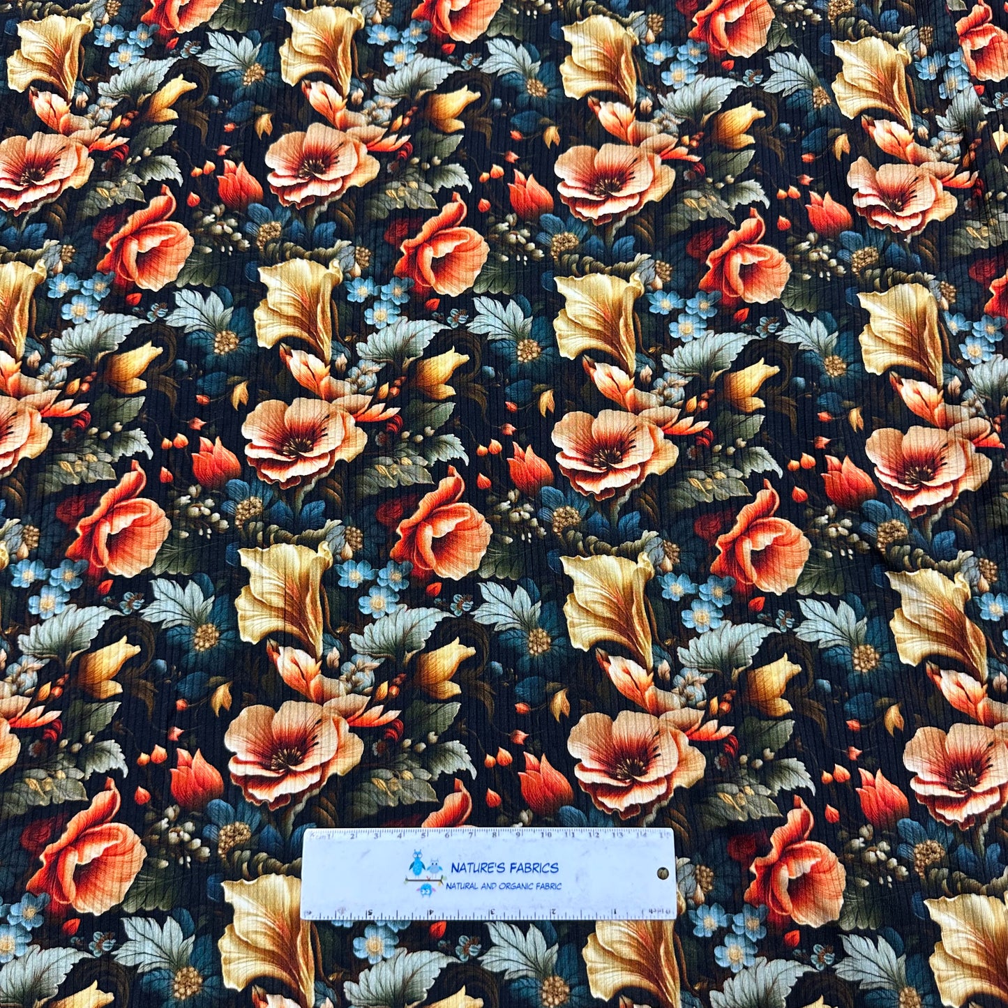 Floral Illustrations on Bamboo/Spandex Rib Knit Fabric