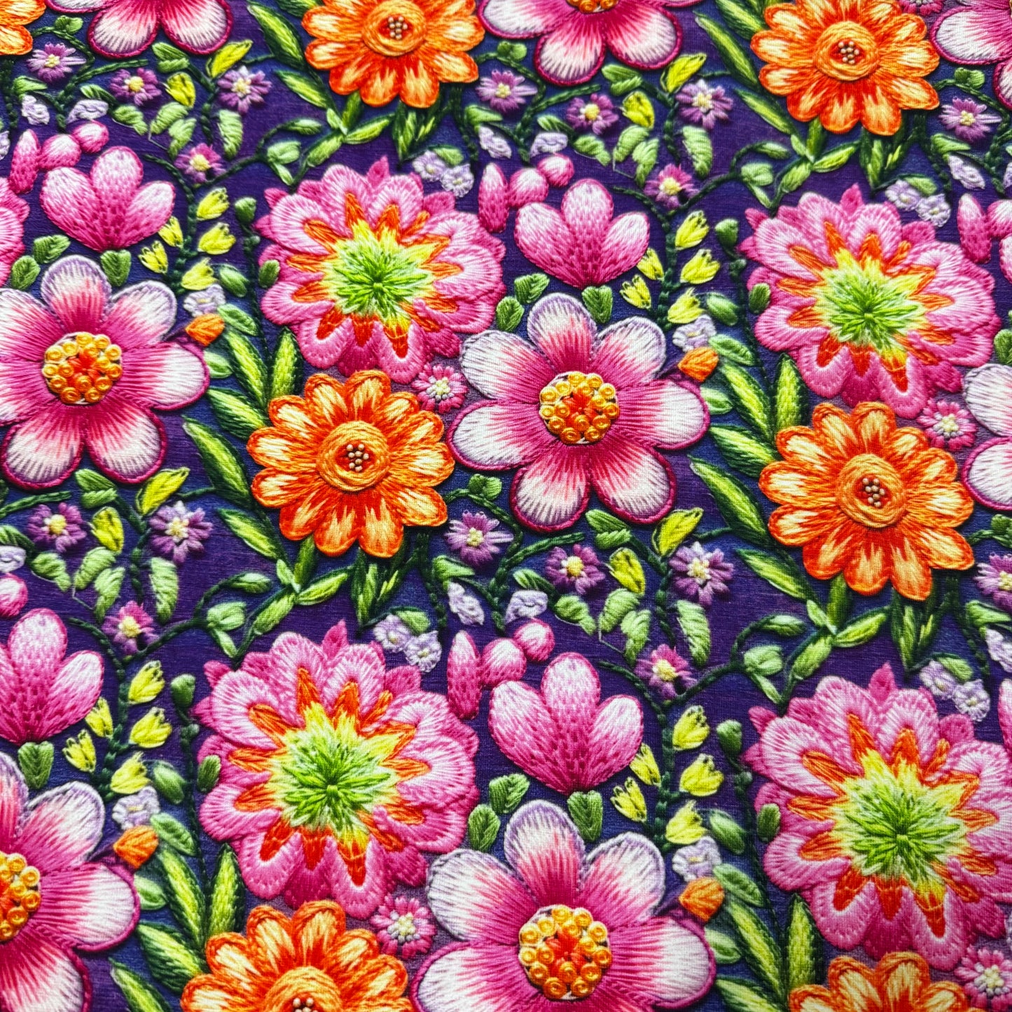 Embroidered Pink Floral on Organic Cotton/Spandex Jersey Fabric