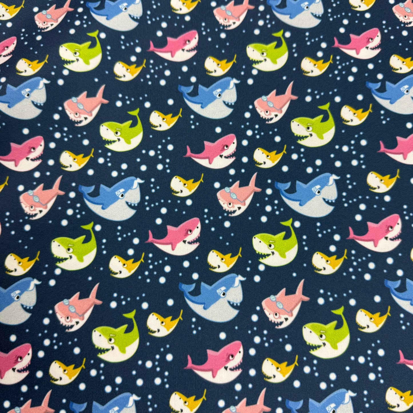 Happy Sharks with Bubbles on 1 mil PUL Fabric
