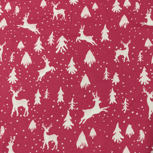 Off White Reindeer on Pink Bamboo/Spandex Jersey Fabric - Printed in the USA