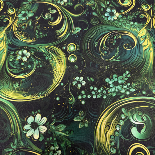 Green Floral Swirl on 1 mil PUL Fabric